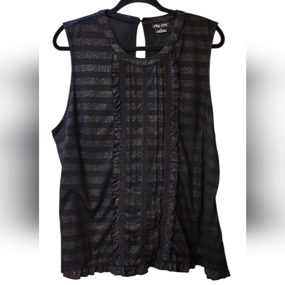 EUC City Chic Black Striped Sleeveless Tank Top  With Front Ruffles, Size XL